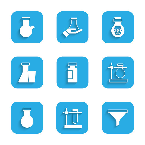 设置试管和烧瓶，在支架上，漏斗或过滤器，瓶中的毒药和图标。向量图片下载