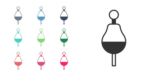 黑色钓鱼浮标图标孤立在白色背景上。渔具。设置图标丰富多彩。向量图片下载