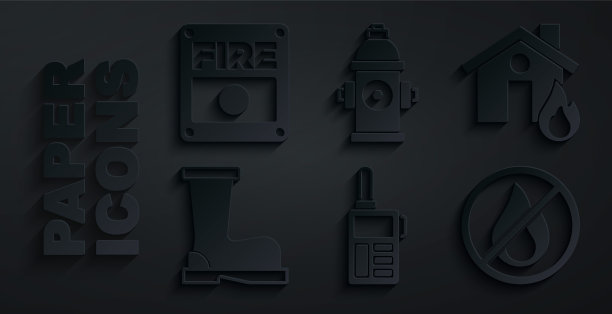 对讲机、房屋失火、靴子、禁火、消防栓和警报系统图标矢量图图片下载