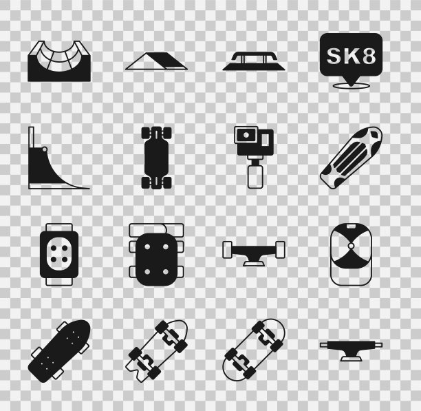 设置滑板轮，棒球帽，甲板，楼梯与轨道，长板或滑板，公园，和行动相机图标。向量图片下载