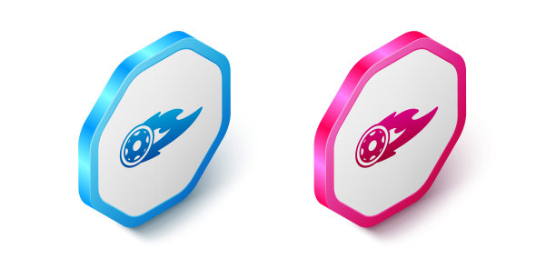 等距轮在火火焰图标孤立在白色背景上。燃烧的轮胎。六角按钮。向量图片下载