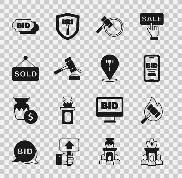 集拍卖珠宝销售，锤子，在线拍卖，售出，出价和图标。向量图片下载