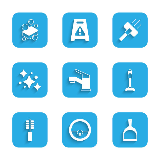 设置水龙头、机器人吸尘器、畚箕、吸尘器、马桶刷、家庭清洁服务和肥皂图标。向量图片下载