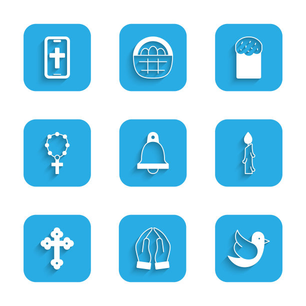 设置教堂钟，手放在祈祷的位置，鸽子，燃烧的蜡烛，基督教十字架，念珠宗教，复活节蛋糕和电话图标。向量图片下载