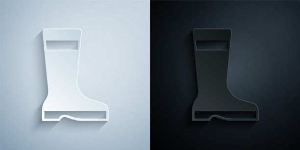 剪纸钓鱼靴子图标孤立的灰色和黑色背景。防水橡胶靴。雨天穿胶靴，钓鱼，打猎，园艺。纸艺术风格。向量图片下载