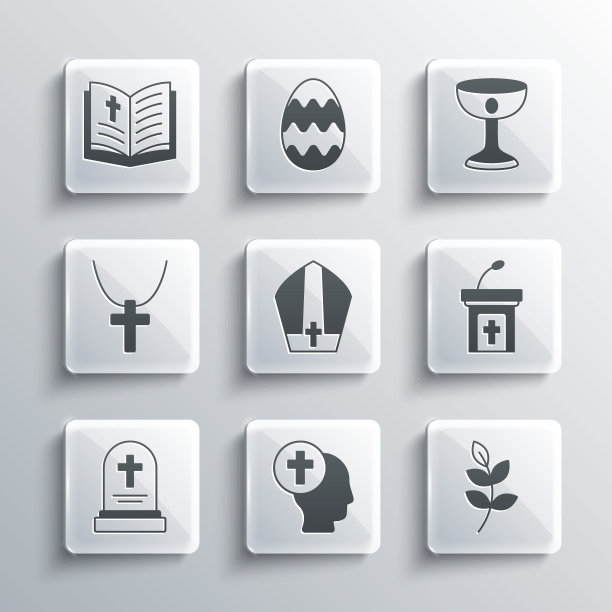 设置牧师，柳叶，教堂布道讲坛，教皇帽，墓碑，基督教十字架链，圣经书和圣杯图标。向量图片下载