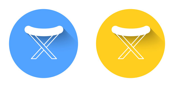 白色野营便携式折叠椅图标孤立与长阴影背景。休息和放松设备。钓鱼的座位。圆按钮。向量图片下载