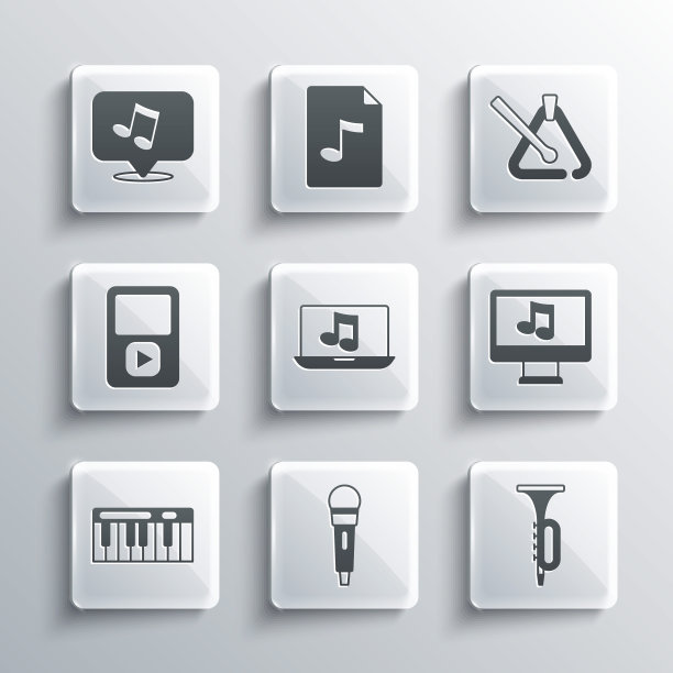 设置麦克风，小号，电脑与音乐笔记，笔记本电脑，音乐合成器，播放器，音调和三角乐器图标。向量图片下载