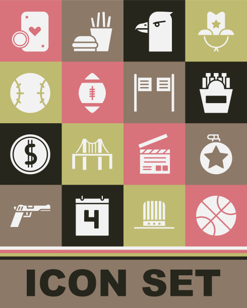 设置篮球，水壶水壶，薯片盒子，鹰头，美式足球，棒球，赌场薯片，扑克牌和酒吧门图标。向量图片下载