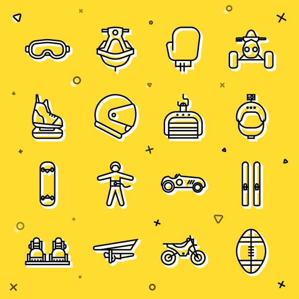 橄榄球、滑雪杖、头盔运动相机、拳击手套、溜冰鞋、护目镜和电梯图标矢量素材图片下载