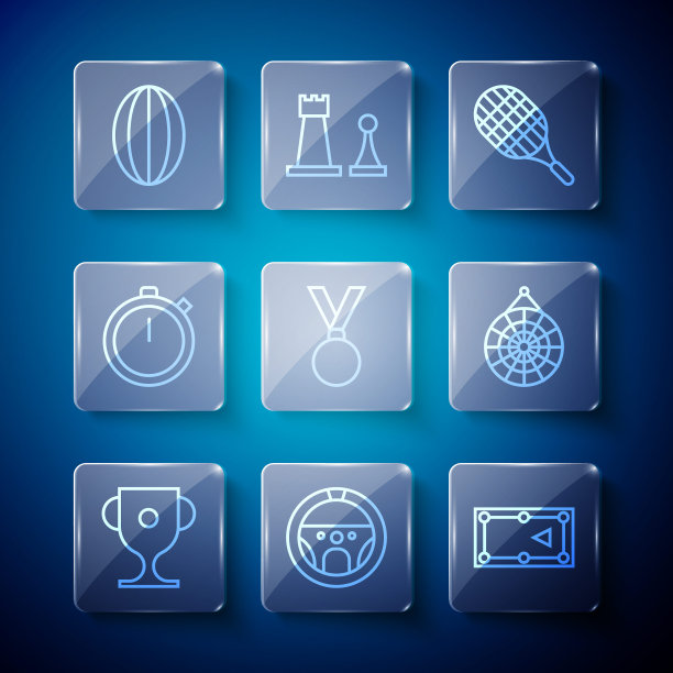 设置线奖杯，方向盘，台球桌，网球拍，奖牌，秒表，橄榄球和经典镖板图标。向量图片下载