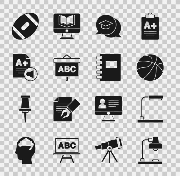 设置台灯，篮球，毕业帽在演讲泡泡，黑板，考试表与A +级，美式足球和螺旋笔记本图标。向量图片下载