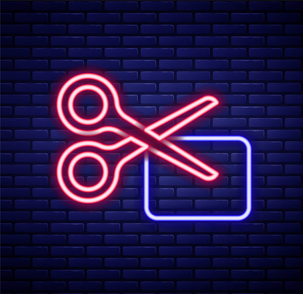发光的霓虹灯线剪刀削减折扣优惠券图标孤立在砖墙背景。在网上超市以低价或半价销售的概念。色彩斑斓的轮廓的概念。向量图片下载