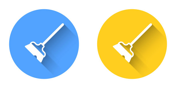 白色拖把图标孤立与长阴影背景。清洁服务理念。圆按钮。向量图片下载