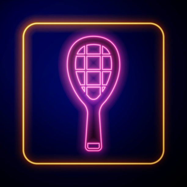 发光霓虹灯网球拍图标孤立在黑色背景。运动设备。向量图片下载