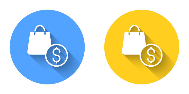 白色购物袋和美元图标孤立与长阴影背景。手提包的迹象。女人包图标。女性手袋的迹象。圆按钮。向量图片下载