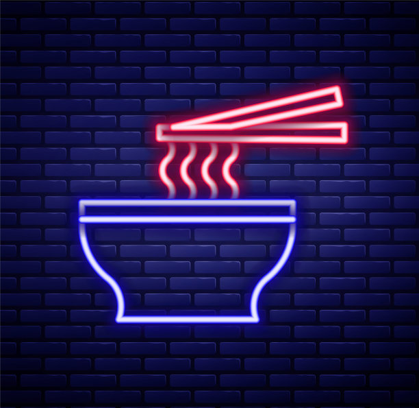 发光的霓虹灯线亚洲面条碗和筷子图标孤立在砖墙背景。街头快餐。韩国、日本、中国菜。色彩斑斓的轮廓的概念。向量图片下载