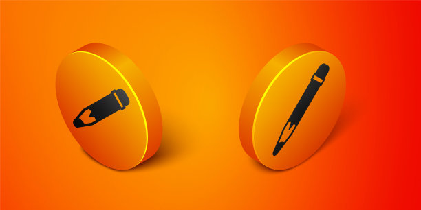 与橡皮擦图标隔离在橙色背景上的等距铅笔。绘画和教育工具。学校办公室的象征。橙色圆按钮。向量图片下载