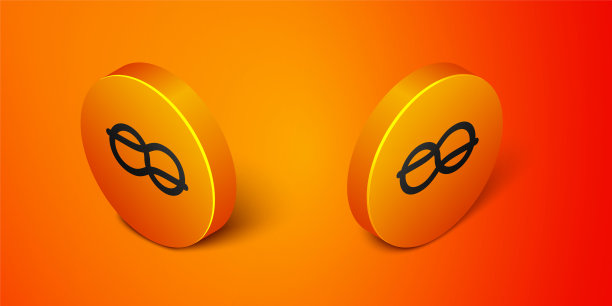 在橙色背景上孤立的等距航海绳结图标。系在一个结上的绳子。橙色圆按钮。向量图片下载