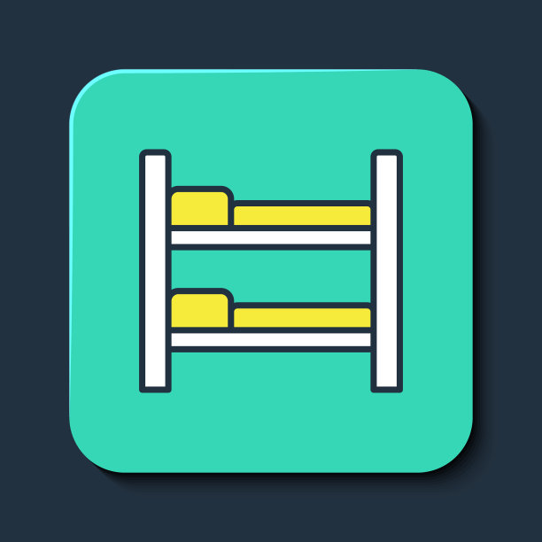 填充轮廓双层床图标孤立在蓝色背景。绿松石平方按钮。向量图片下载