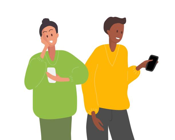 女孩和男孩在看智能手机。年轻的男女拿着手机。小玩意上瘾。痴迷社交媒体，阅读短信，关注移动设备。平面向量插图图片下载