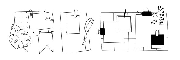 矢量记事本页与羽毛。用透明胶带把便条纸孤立起来。墙上的照片网格与怪物的叶子，花。手绘旗帜，圆点卡，照片和贴纸。图片下载