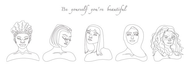 一组不同民族的美丽女性肖像。线轮廓图片下载