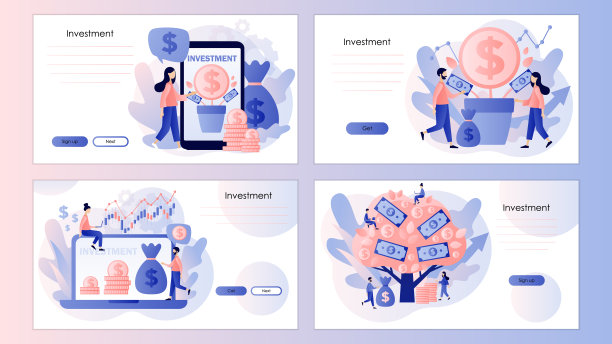 投资及经营理念。投资者的策略。钱树比喻收入和收入。屏幕模板登陆页面，模板，ui, web，移动应用程序，海报，横幅，传单。向量图片下载