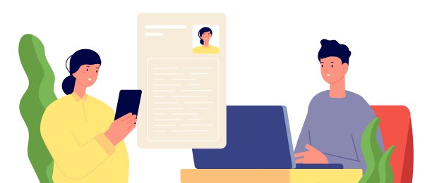 女孩，把简历寄给HR。招聘，女性在网上找工作。网上简历，与专业人士联系。找到新的功向量概念图片下载