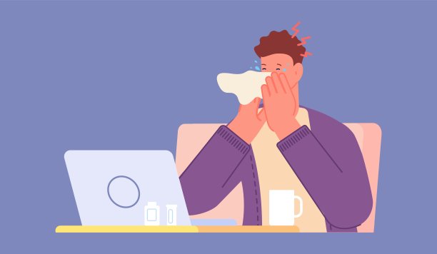 感冒的办公室职员。有过敏症状、流感的自由职业者使用笔记本电脑工作。医疗保健和工作，生病的学生在线学习图片下载