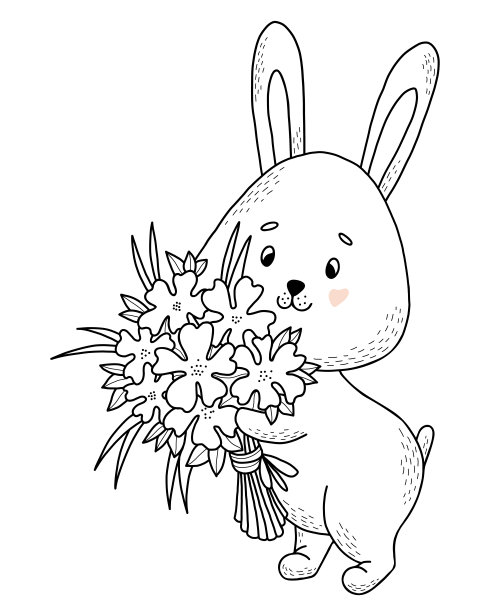 可爱的兔子带着一束花。矢量插图。手绘线性涂鸦风格的明信片。有趣的动物设计和装饰，贺卡，儿童收藏和彩色页图片下载