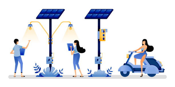 太阳能电池板矢量插图，用于日常公共设施，如路灯和交通灯，以支持可再生能源。可以用于网页应用程序海报横幅传单主页图片下载