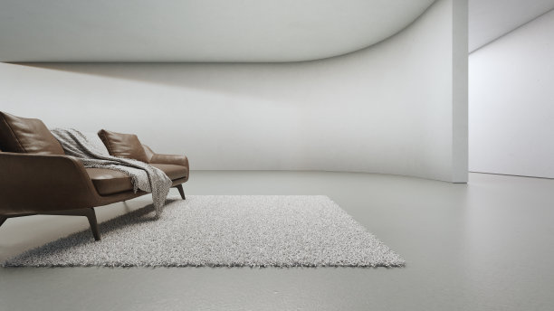 现代住宅或公寓中靠近空白色曲线墙的真皮沙发。图片下载