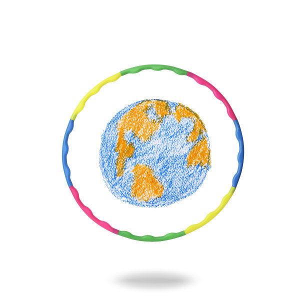 彩虹呼啦圈与地球漂浮在半空中的白色背景图片下载