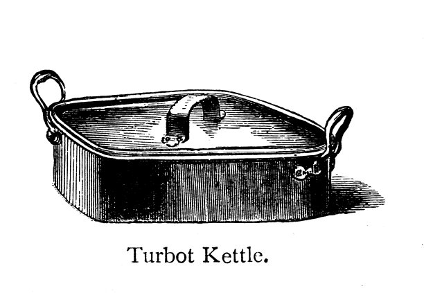 19世纪的厨房用具;大比目鱼鱼锅;这是沃恩1860年出版的《烹饪与家政》一书中的版画图片下载