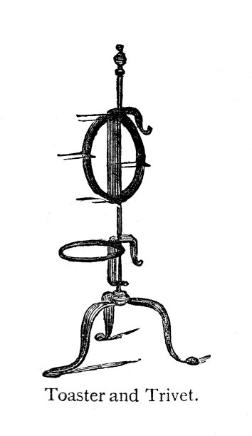 19世纪的厨房用具;烤面包机和三脚架;这是沃恩1860年出版的《烹饪与家政》一书中的版画图片下载