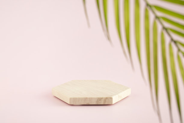 粉红色的背景，植物和讲台图片下载