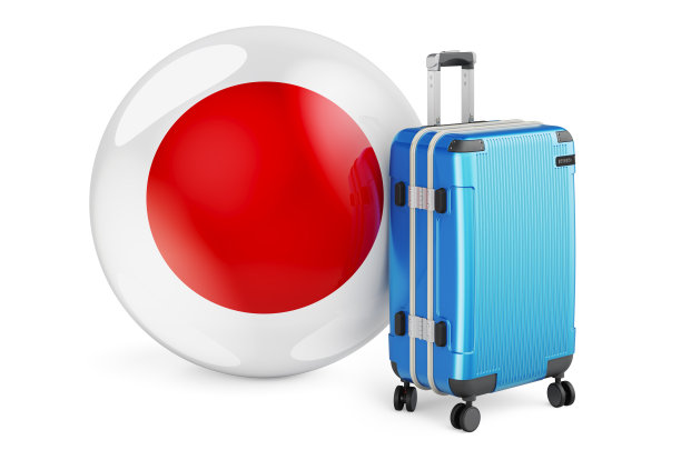 带有日本国旗的手提箱。日本旅游概念，3D渲染图片下载