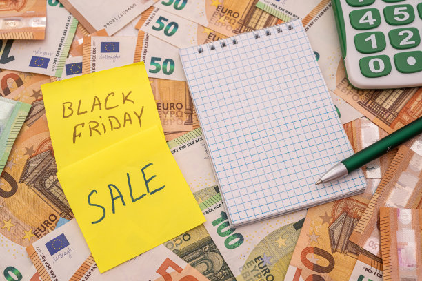 文字销售和黑色星期五的标签与欧元货币为最佳购物图片下载