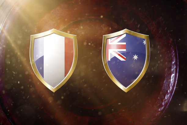 法国和澳大利亚国旗在铜纹理背景上的金盾。图片下载