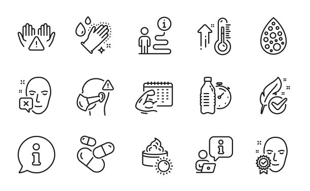 医疗保健的图标集。包括图标为医用口罩，低过敏性测试，洗手。向量图片下载