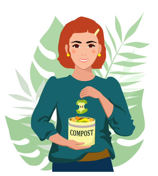 一位年轻的现代女性将有机垃圾扔进堆肥罐。零浪费概念矢量插图。图片下载