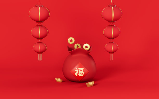 红色背景的幸运包和灯笼，翻译祝福，3d渲染。图片下载