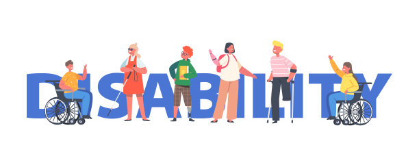 孩子残疾的概念。轮椅上的角色，仿生手，假肢，男孩用拐杖，盲人女孩用棍子图片下载
