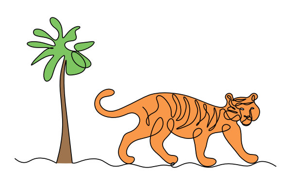 白色上以树为线画的抽象色彩老虎剪影图片下载