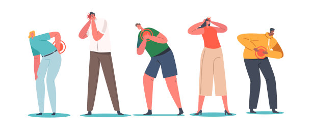 人的不同身体部位的疼痛，胃，背部，头部和心脏。角色感受到强烈的痛苦和问题图片下载