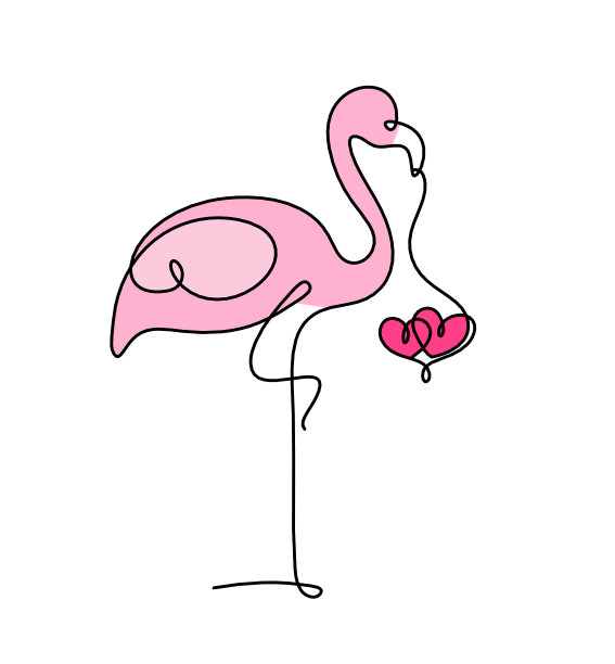 抽象颜色火烈鸟的剪影，以心为线画在白色上图片下载