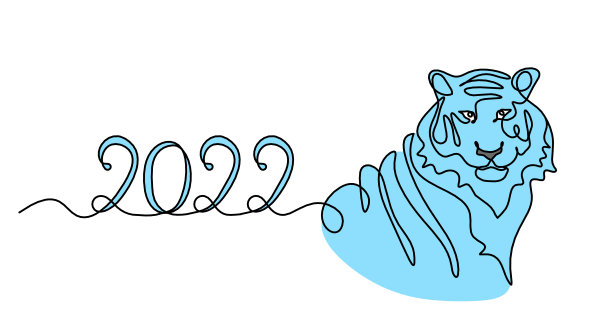 以2022年为线条画在白色上的抽象彩虎剪影图片下载