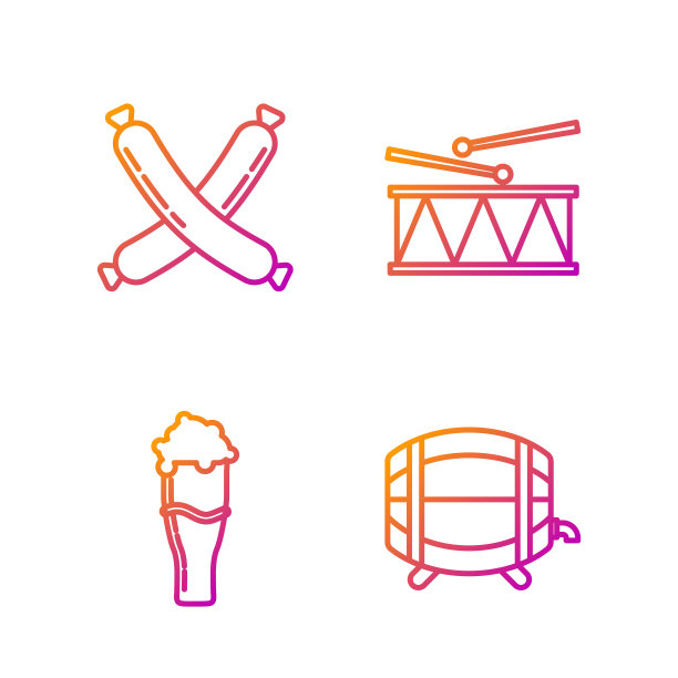 木桶放在架子上，带龙头，啤酒杯，交叉香肠，乐器鼓和鼓棒。渐变颜色图标。向量图片下载