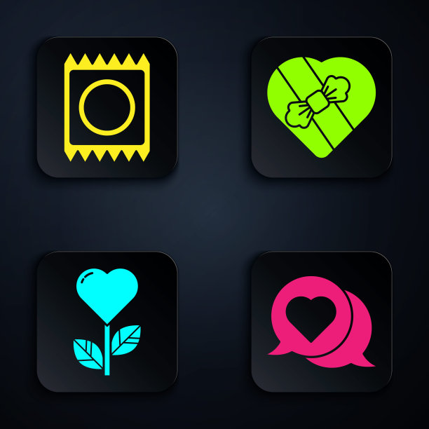 在语音泡泡里放一颗心，在包装里放避孕套，在花里放一颗心，在心形盒子里放糖果。黑色方形按钮。向量图片下载